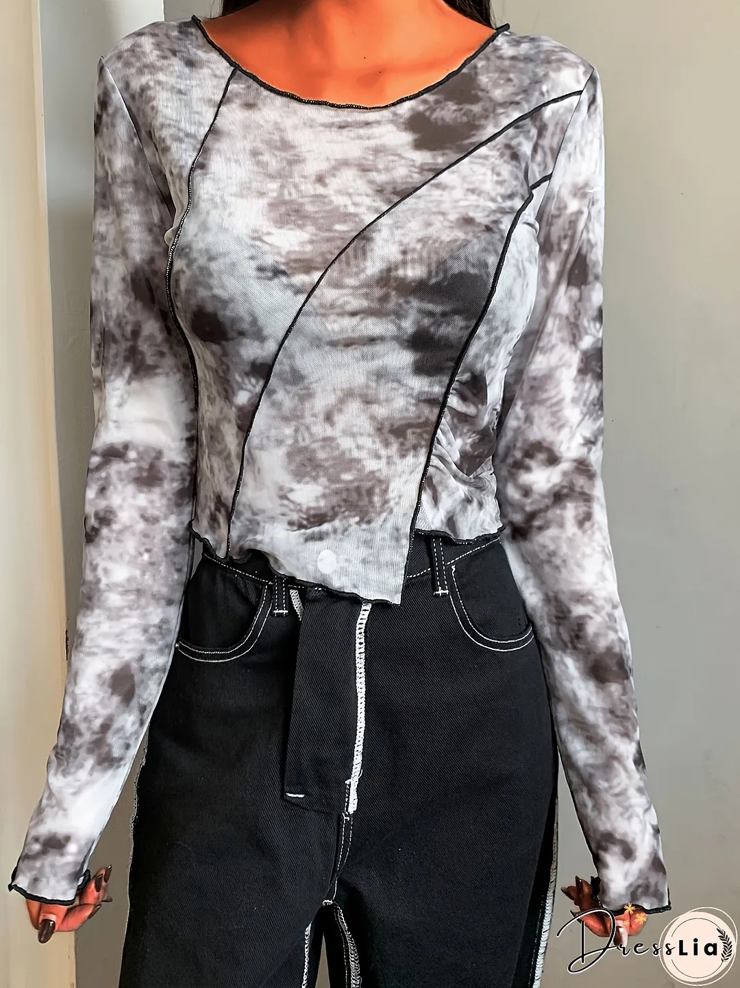 All Over Print Irregular Hem Mesh T-Shirt Casual Long Sleeve Top For Spring Summer Womens