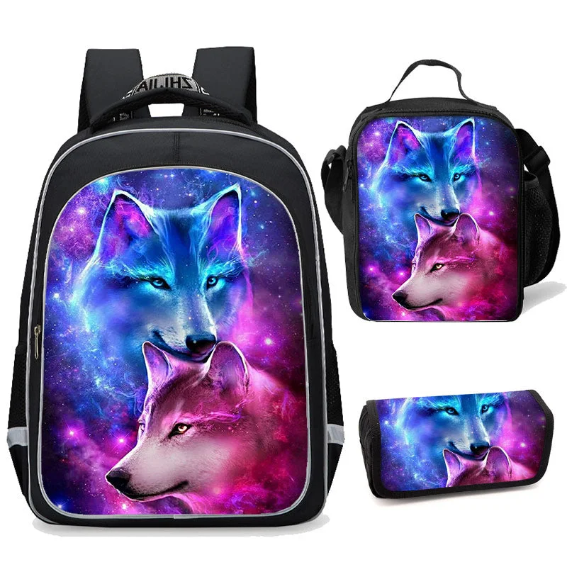 Buzzdaisy Galaxy Wolf School Backpacks Set with Lunch Box Pencil Case 3 in 1
