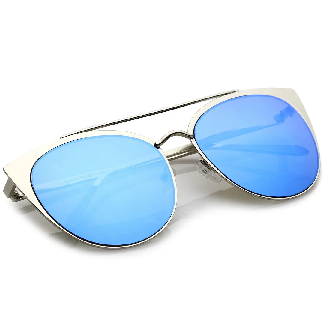 Women's Oversize Metal Crossbar Mirrored Flat Lens Cat Eye glasses 61mm