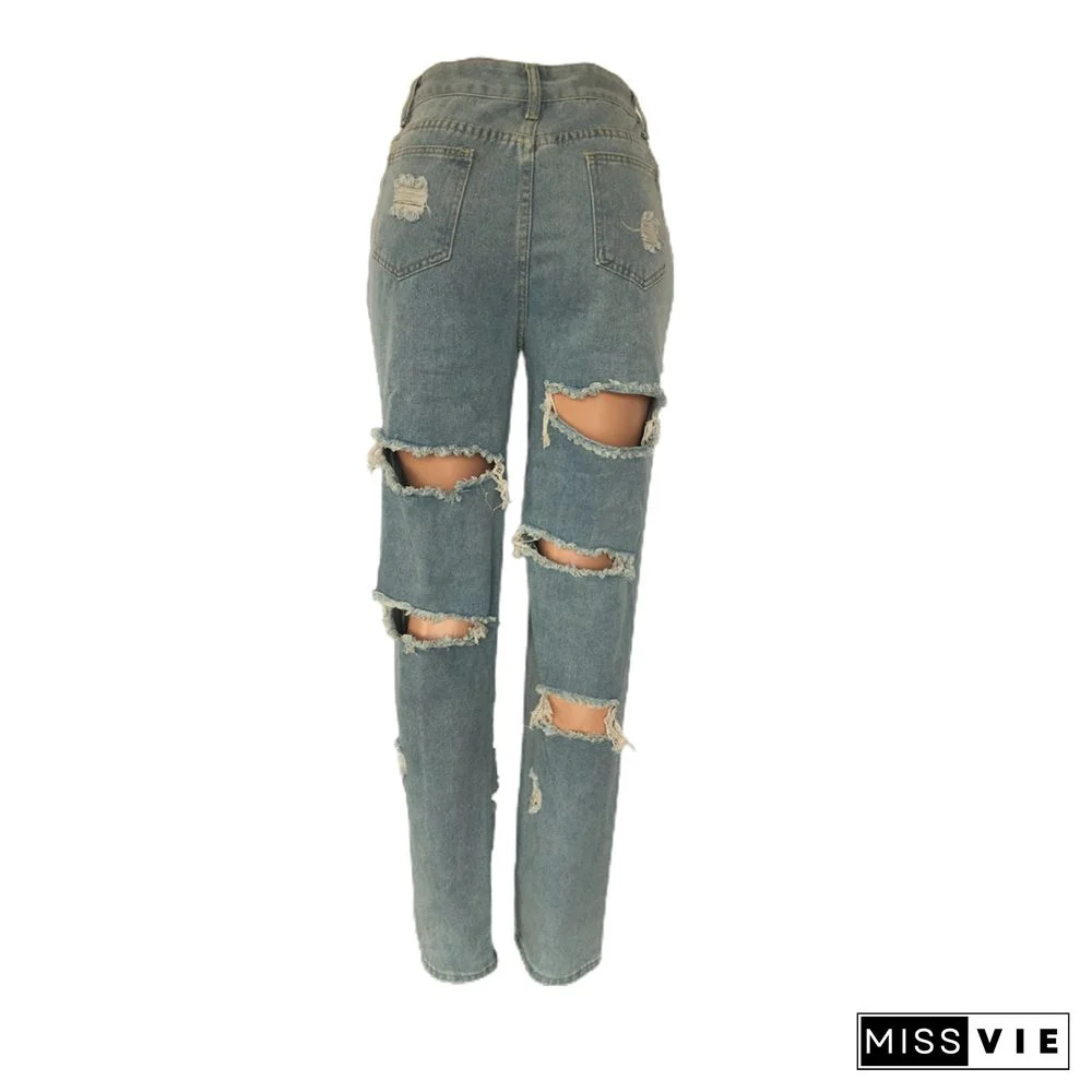 High Waist Streetwear Ripped Hole Jeans Pants