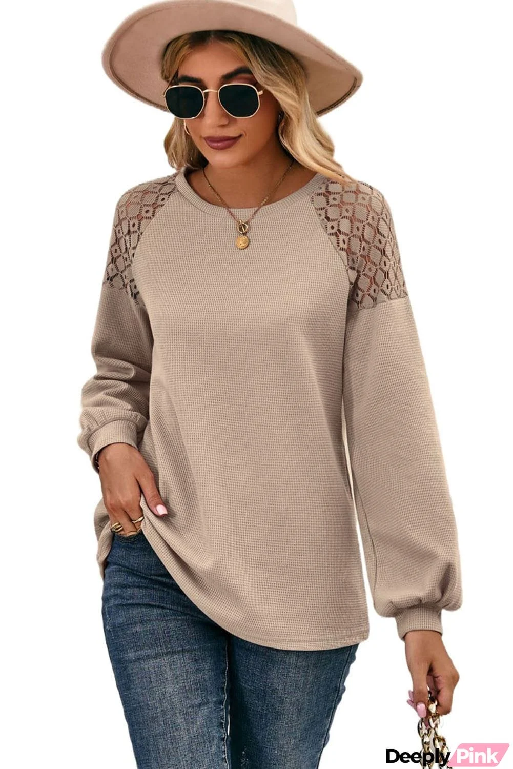 Khaki Lace Shoulder Patch Waffle Knit Long Sleeve Top