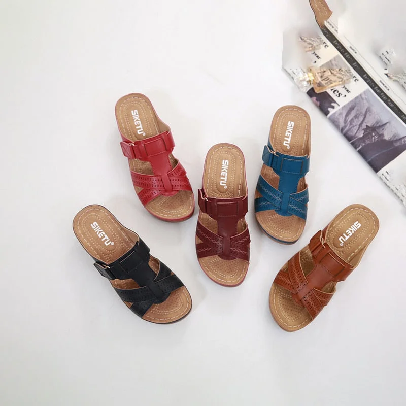 2022 Summer Women Wedge Sandals Premium Orthopedic Open Toe Sandals Vintage Anti-Slip Leather Casual Female Platform Retro Shoes