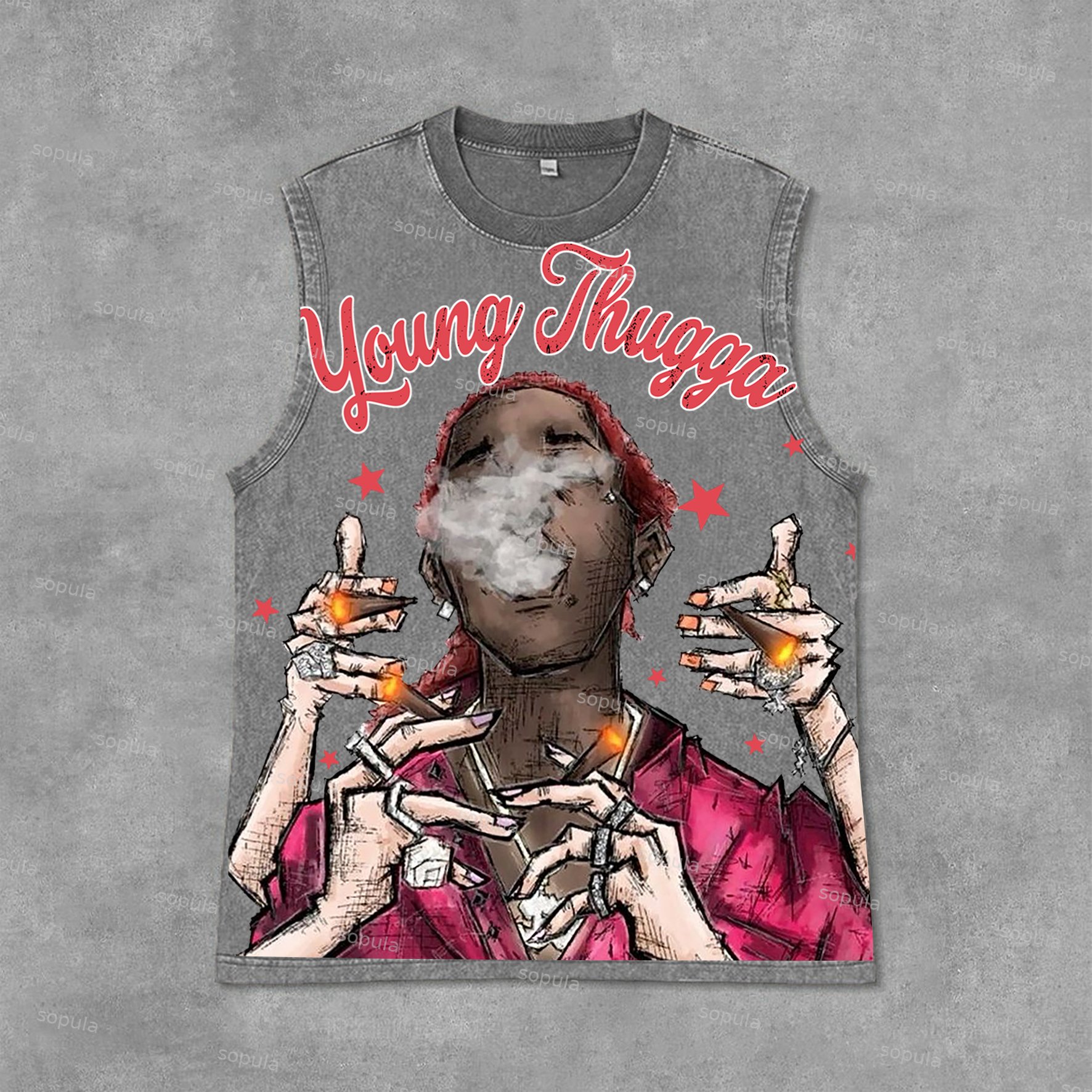 Young Thugga-Luh Lattt Graphics Print Acid Washed Sleeveless Tank Top - SOPULA