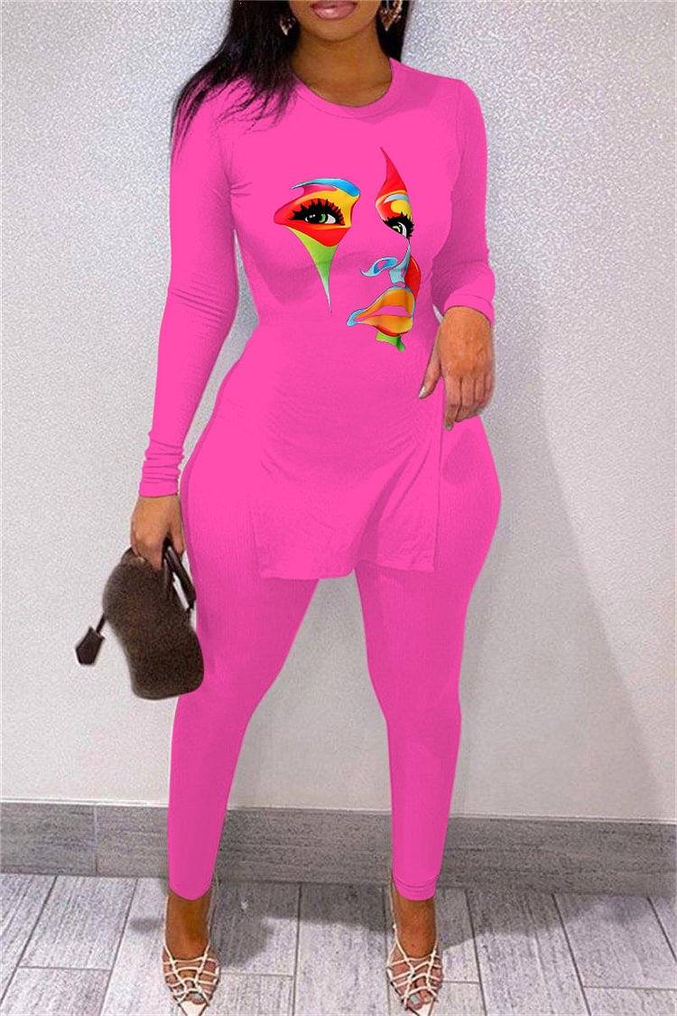 Xpluswear Plus Size Casual Barbie Pink Graphic Print O Neck Long Sleeves Two Pieces Sweatshirt Set