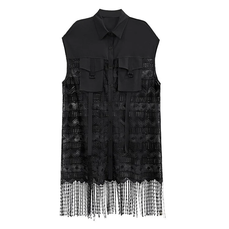 Fashion Loose Lapel Pockets Patchwork Lace Back Splicing Tassel Hem Long Vest