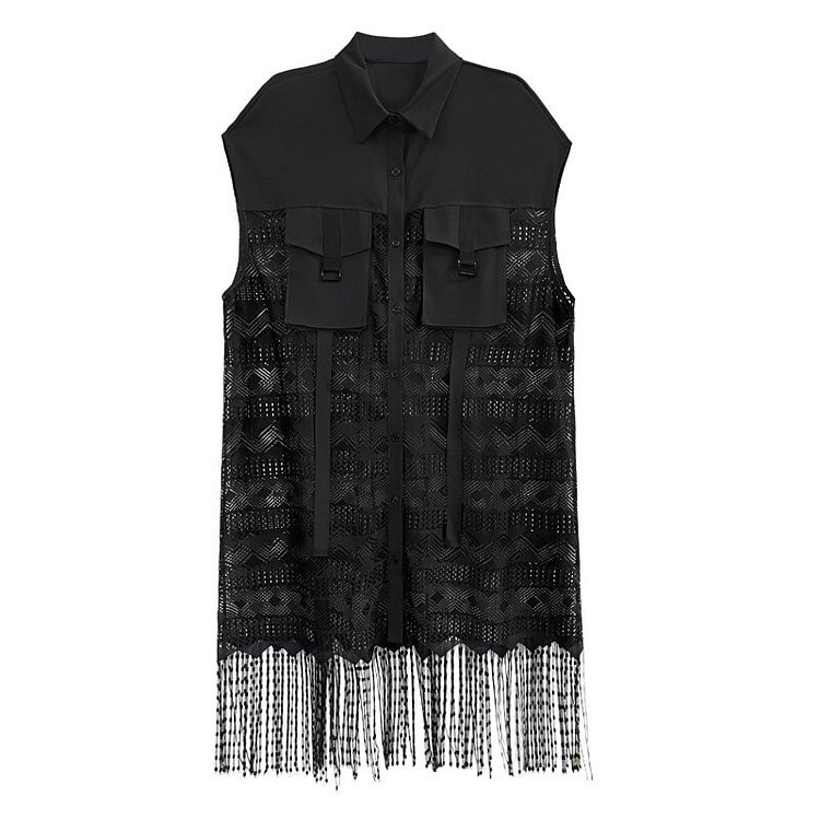 Fashion Loose Lapel Pockets Patchwork Lace Back Splicing Tassel Hem Long Vest 