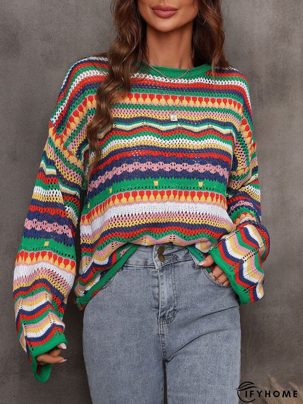 Hollow Stripe Long Sleeve Round Neck Sweater | IFYHOME