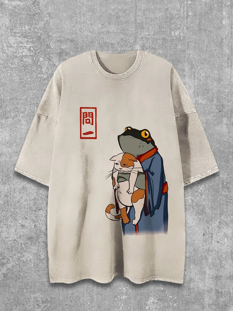 Men's Frog In Kimono And Unhappy Cat Print Cotton Washed T-Shirt