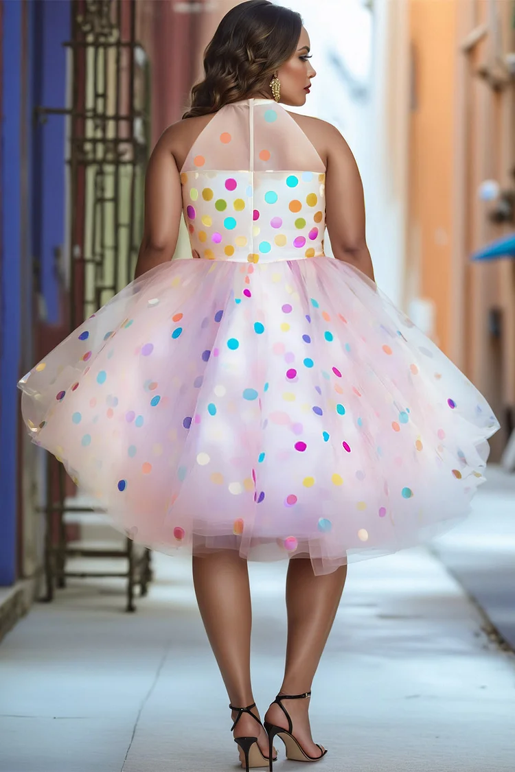 Xpluswear Design Plus Size Party Pink Polka Dot Round Neck Tulle Midi Dresses