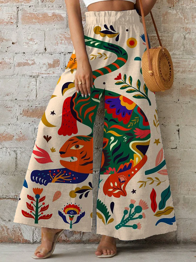Women's Boho Tiger Flower Art Print Elastic Waist Pants
