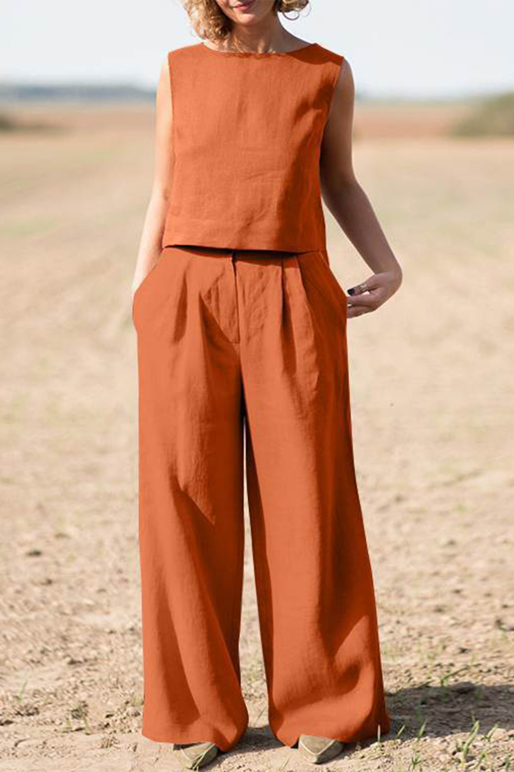 Plus Size Casual Orange Cotton And Linen Sleeveless Wide Leg Two Piece Pant Suit 2024 - Flycurvy 
