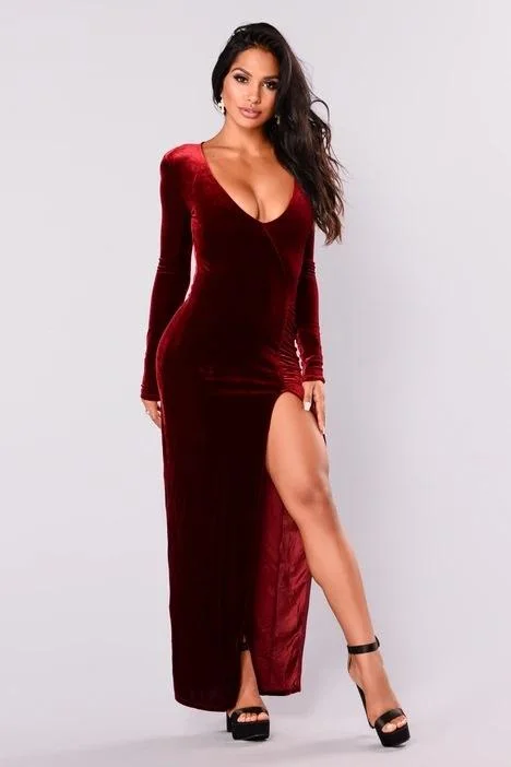 Promsstyle Solid color deep V-neck padded shoulder slit maxi dress Prom Dress 2023