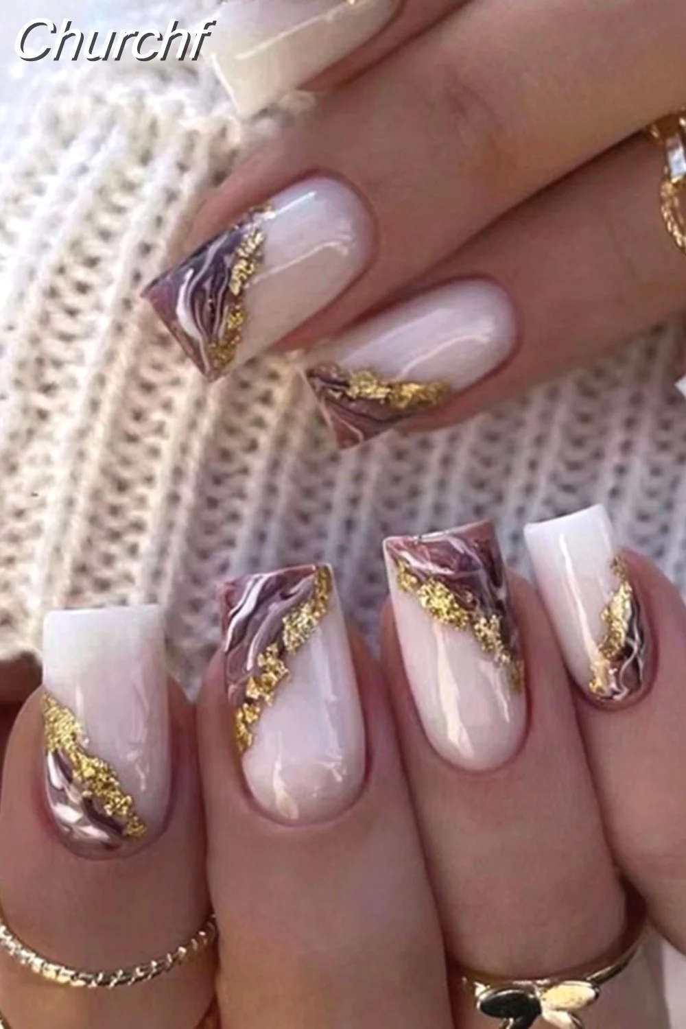 Churchf Nail Full Cover Fake Nail Pink Glitter Wearable French Short Nails Square Head False Nail Press On Nails Manicure Tool 715-1-Nail Inspo