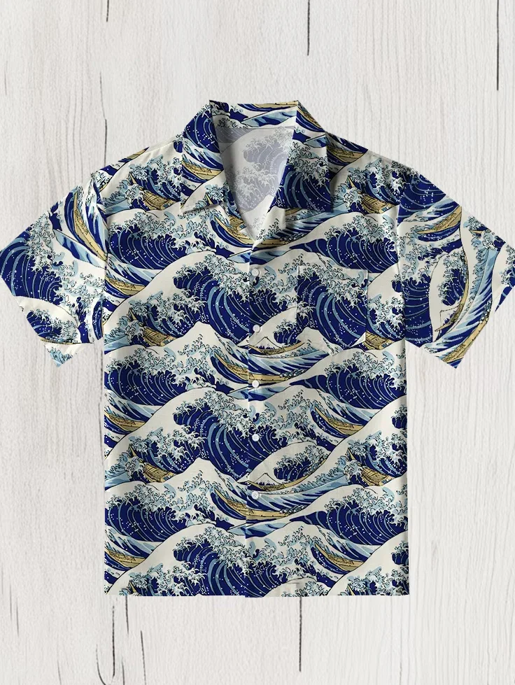Men's Japanese Art Great Wave Print Short Sleeve Shirt