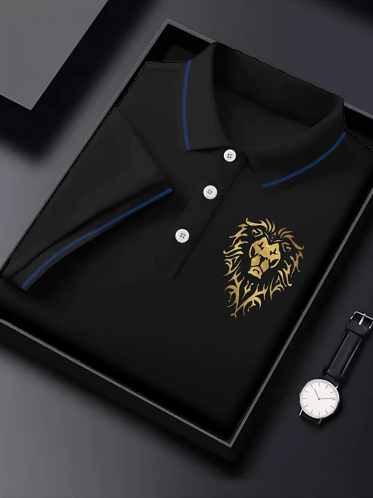 Men's Lion Graphic Printed Business Casual Polo Shirt
