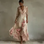 Boho Pink Roses Lace Trim Flowy Linen Maxi Dress - Image 2
