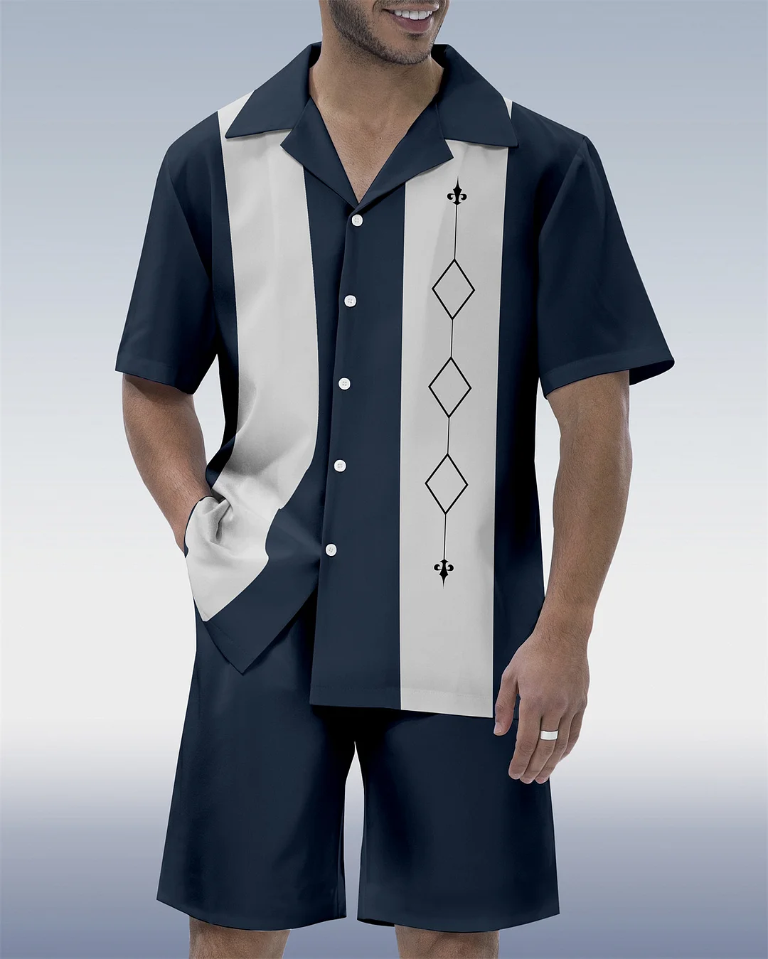 Men's Vacation Leisure Bowling Cuban Collar Short Sleeve Shirt Set