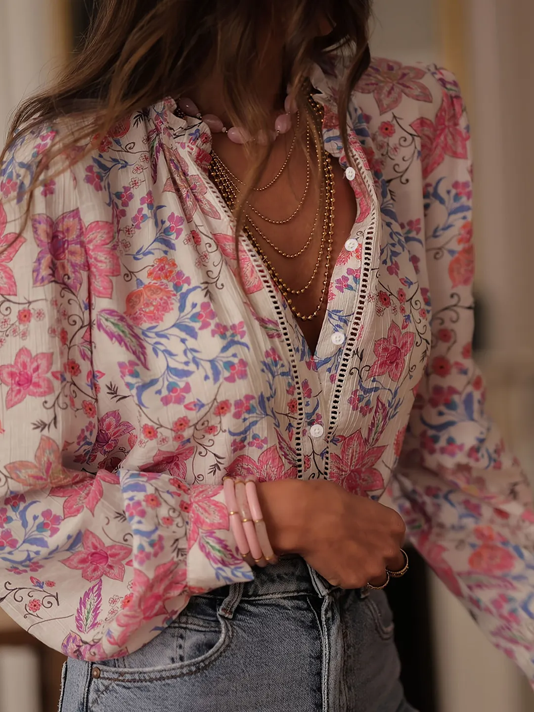 Women's Pink Red Floral Lace Trim Stand Collar Shirt