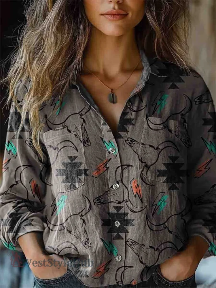 Womens Aztec Print Casual Long Sleeve Comfortable Cotton Shirt