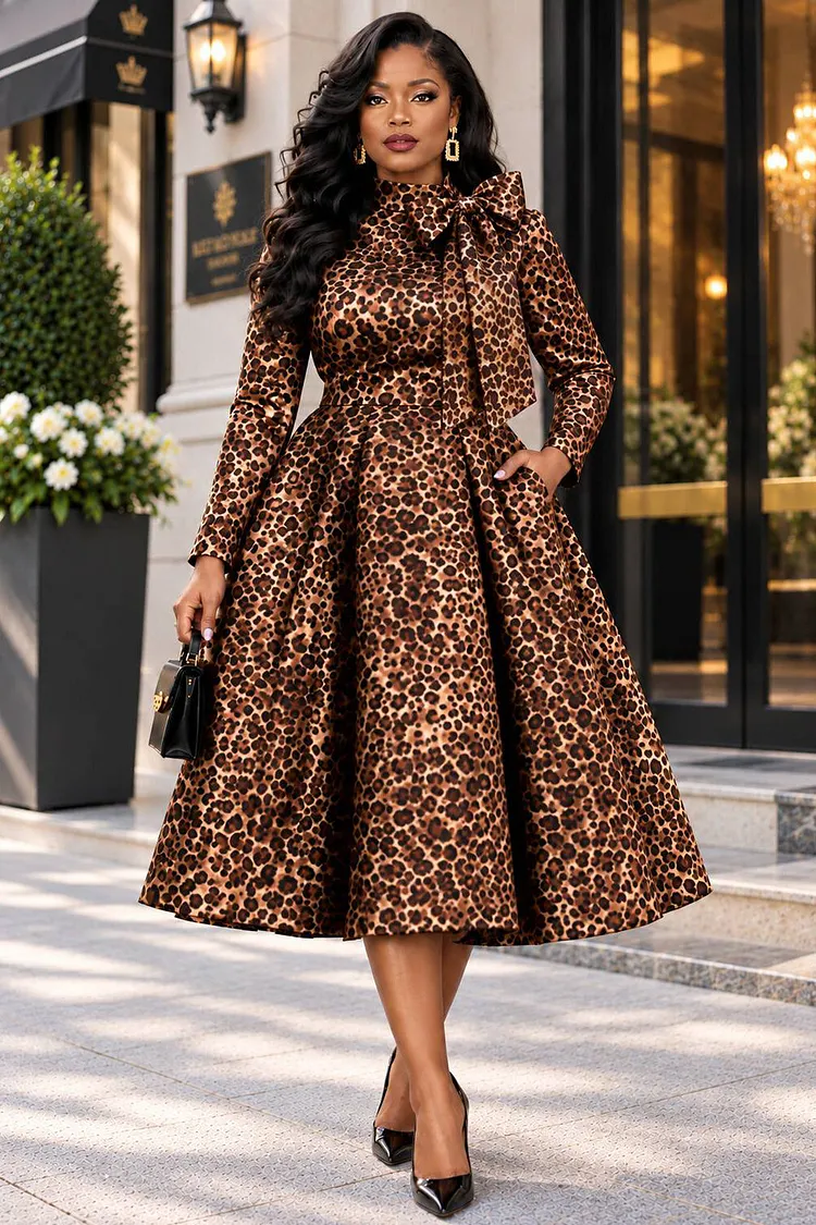 Xpluswear Design Plus Size Business Casual Brown Leopard Stand-Up Collar Long Sleeve Pocket Bow Tie Midi Dresses [Pre-Order] 2024 - Xpluswear