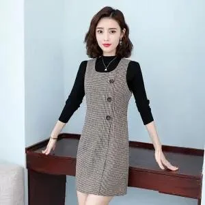 Elegant Sleeveless Woolen Blended Vest Dress High Quality Fashion Pocket New Autumn Winter Office Work Slim Plaid Midi Dresses