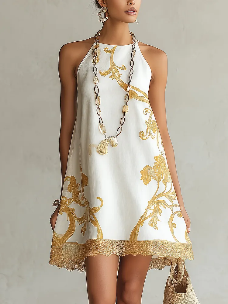 White Gold Printed Lace Trim Mini Dress