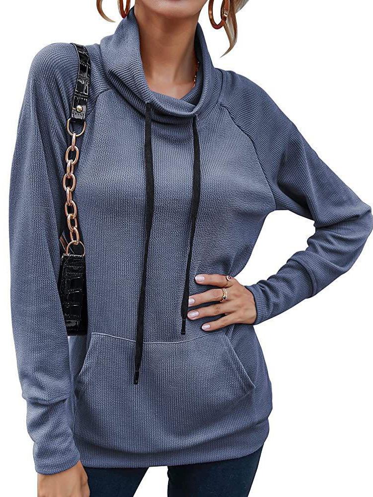 Women's Casual High Neck Long Sleeve Sweater With Drawstring Hood Top
