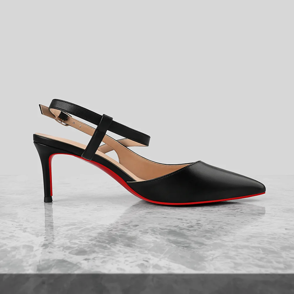 65mm Women Slingback Pumps Prom Sandals Kitten Heels Pointed Toe Dress Matte Red Bottoms Shoes