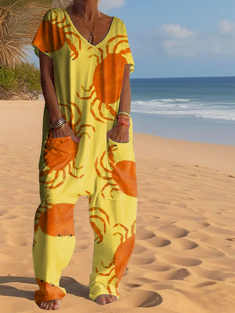 Casual Crab Art Print V Neck Jumpsuit