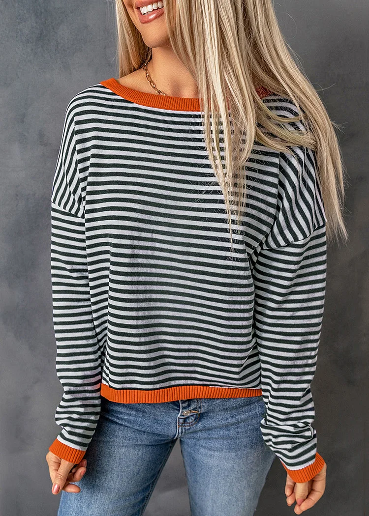 Boutique O Neck Striped Patchwork Knit Tops Long Sleeve