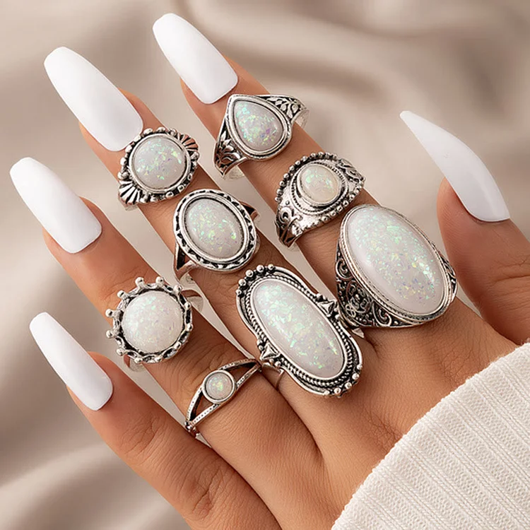 Round Oval Opal 8-Piece Ring Set