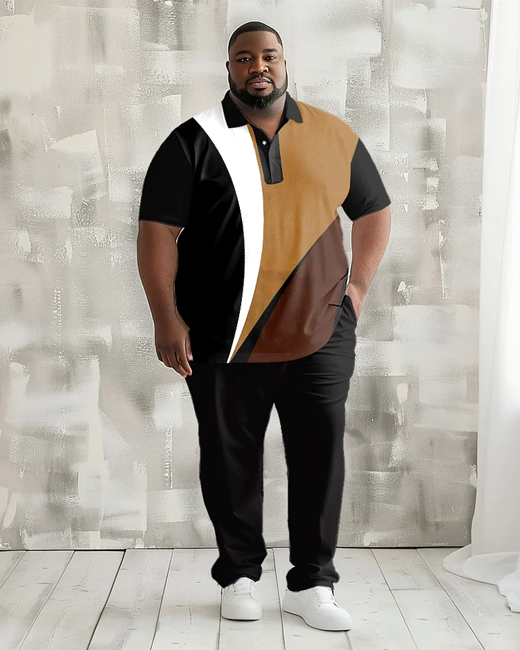 Men's Plus Size Simple Colorblock Printed Polo Shirt Trousers Suit