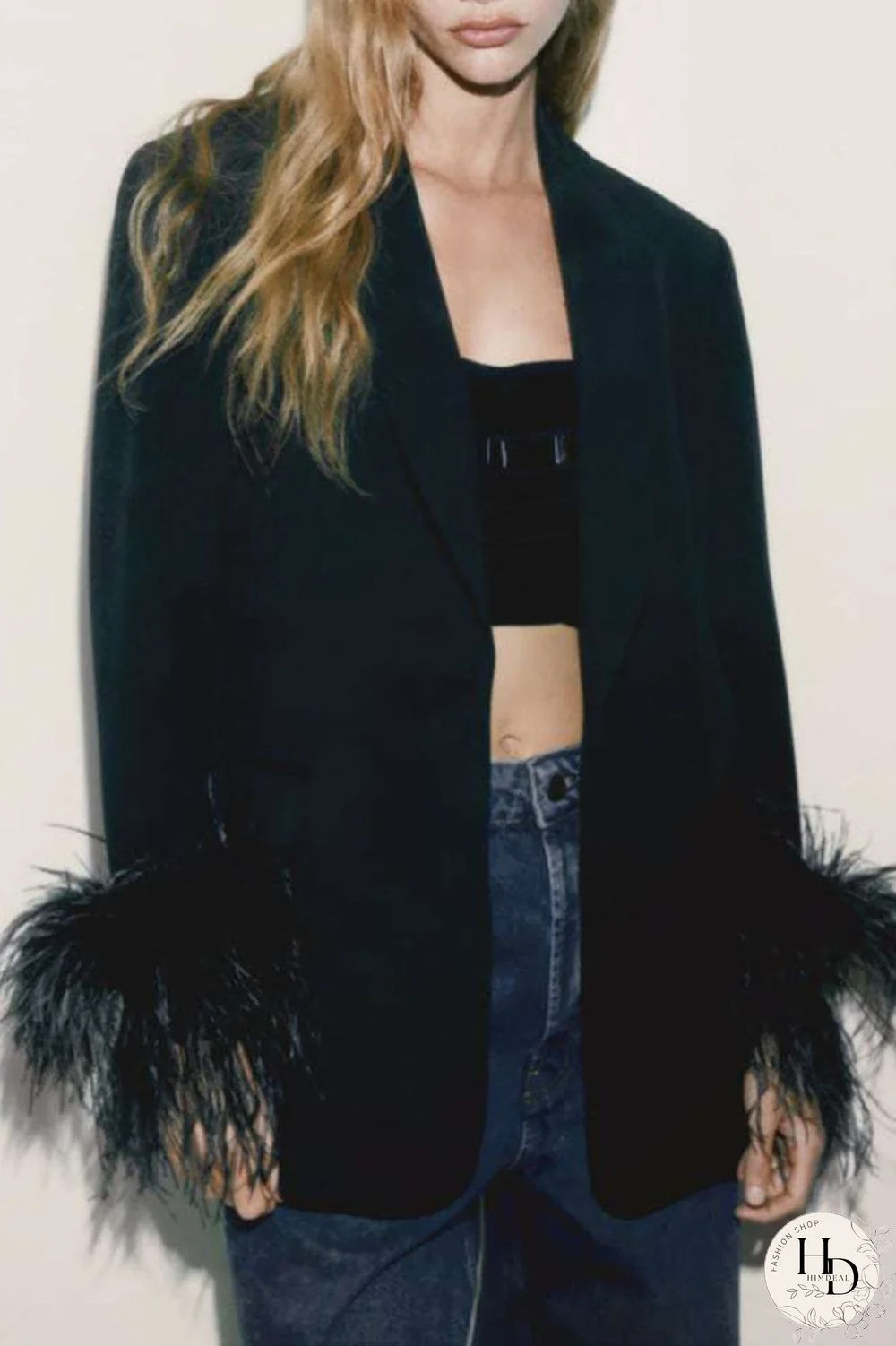 Black Casual Solid Patchwork Buttons Feathers Turn-back Collar Outerwear