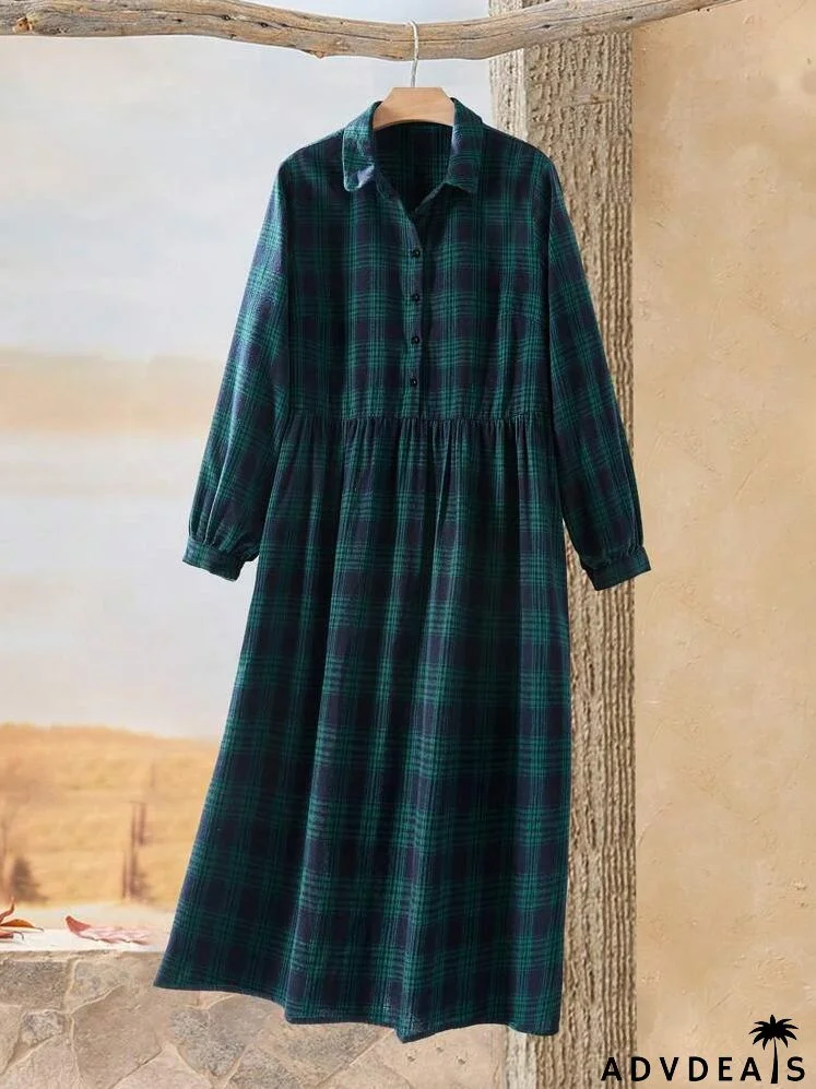 Plus Size Women Plaid Long Sleeve Button Down Leisure Shirt Dress For Fall