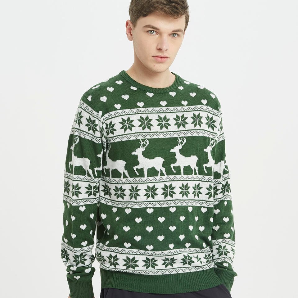 Reindeer Love Pattern Green Men's Ugly Christmas Sweaters-VESSFUL