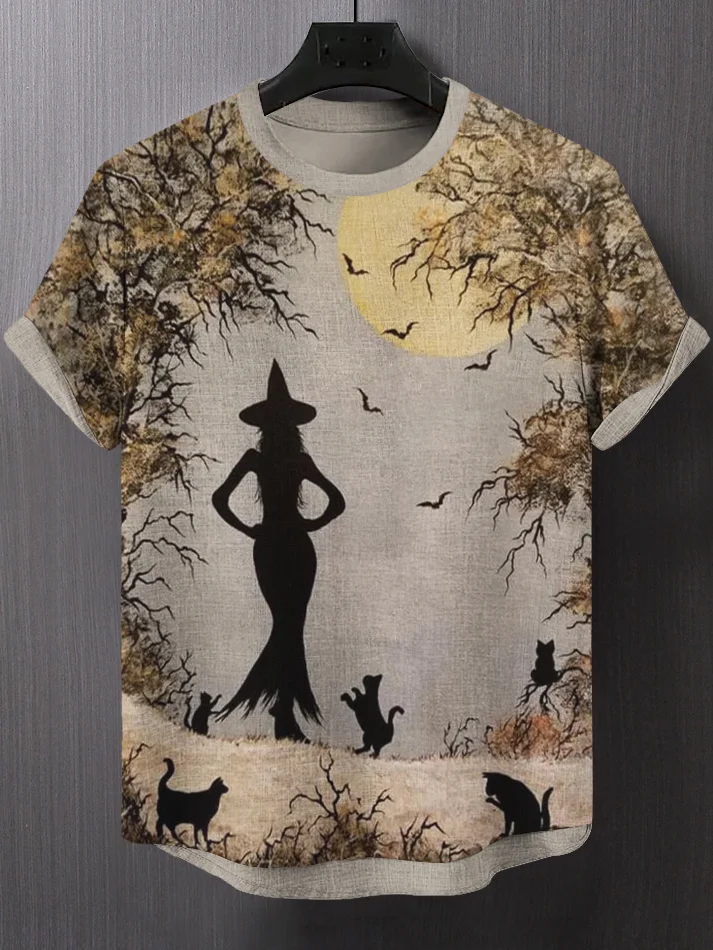 Men's Mysterious Witch Black Cats Art Print Casual T-Shirt