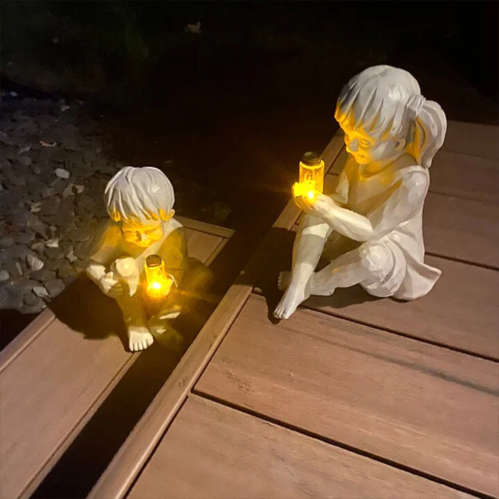 A Kid With Solar Fireflies Garden Statue-Garden Decoration