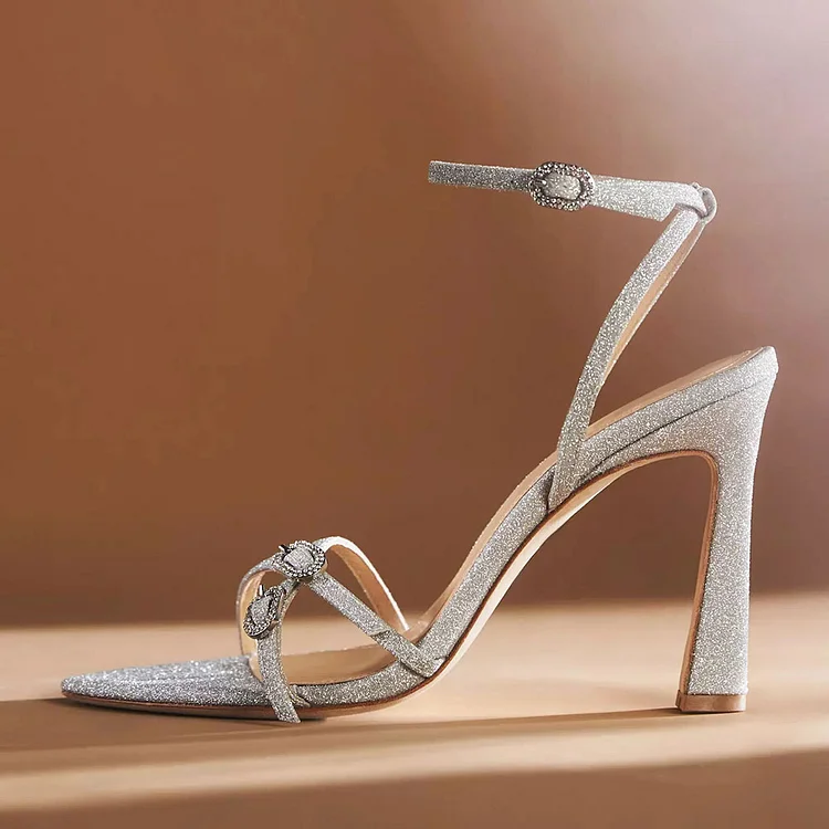Silver Pointed Toe Crystal Buckled Ankle Strap High Heels for Women |FSJ Shoes