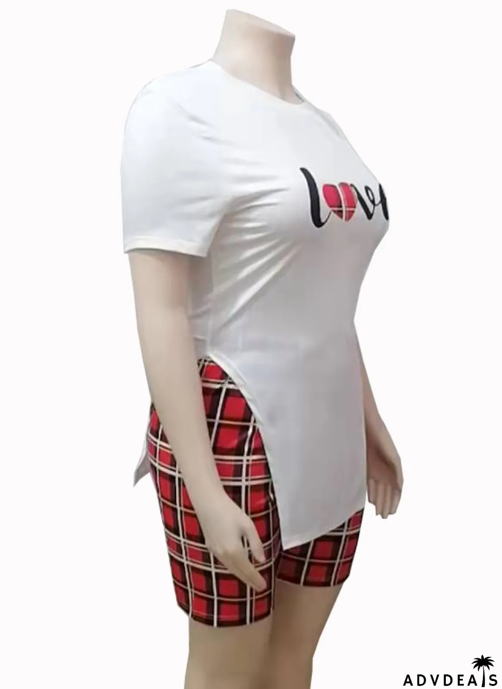 Women Summer Printed Casual O-Neck Short Sleeves High Waist Plaid Print Skinny Two Piece Shorts Set