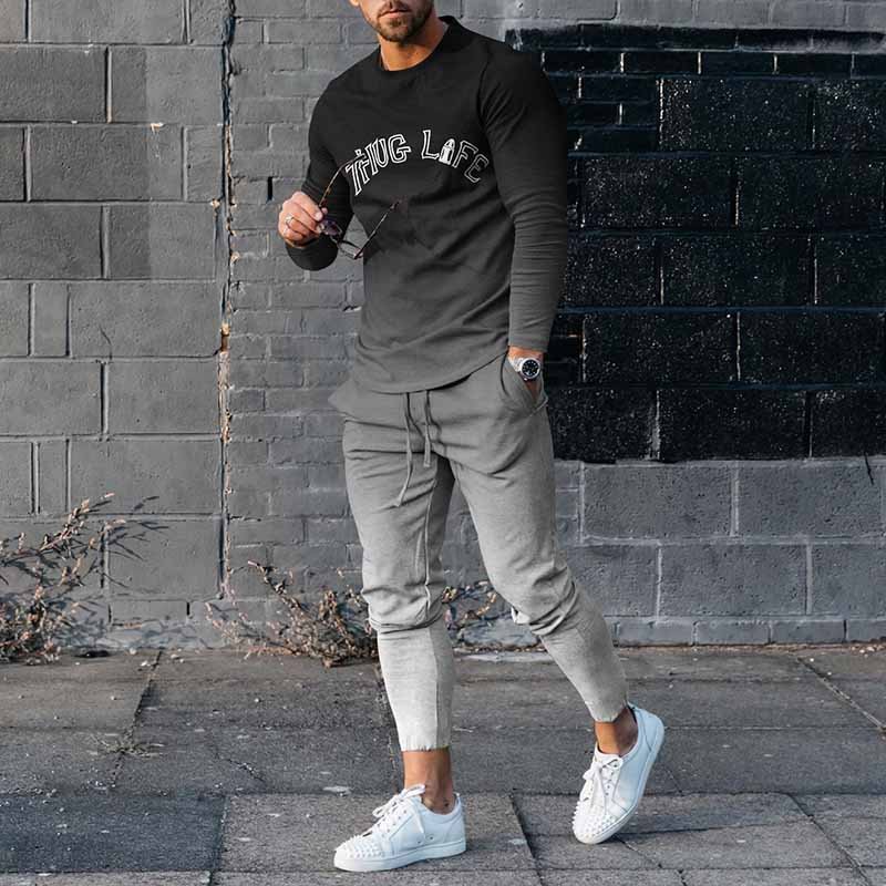 Men's Letter Pattern Gradient Long Sleeve T-Shirt And Pants Co-Ord