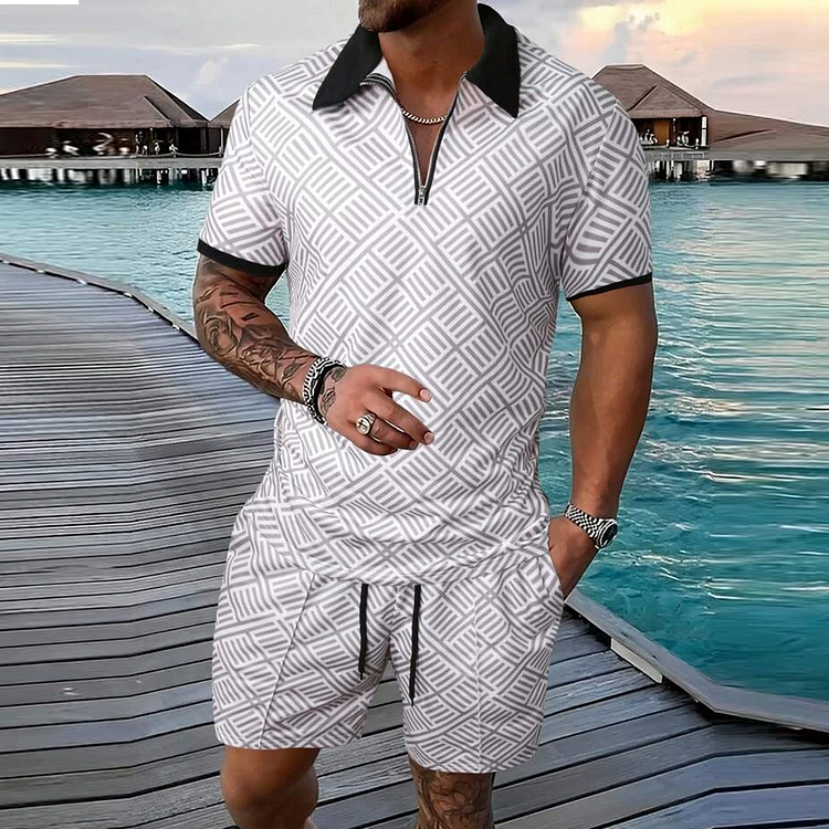 BrosWear Trendy Geometric Print Polo Shirt And Shorts Co-Ord