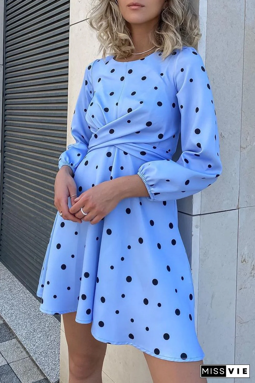 Elegant Polka Dot Split Joint Fold O Neck A Line Dresses