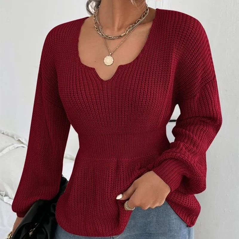 Wongn Wongn Sweater Women's Fashion V-Neck Jumper Solid Color Long Sleeve Flounces Closed Waist Women's Shirt