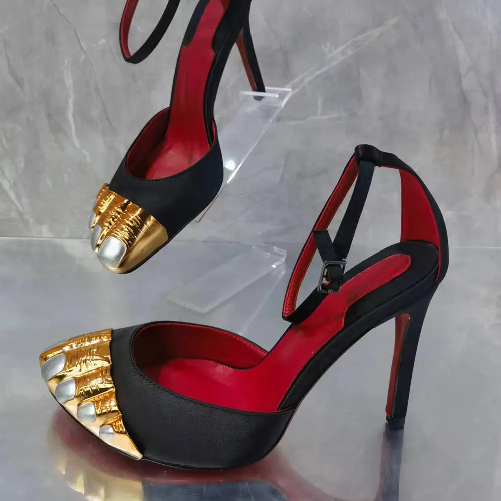 100mm Women's High Heel Metallic Finger Designed Toe Ankle Strap Stiletto Heels Red Bottom Sandals-vocosishoes