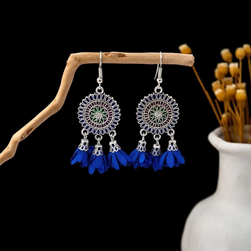 Bohemian Blue Turquoise National Style Earrings Imitation Miao Silver Metal Earrings Vintage Tassel Earrings