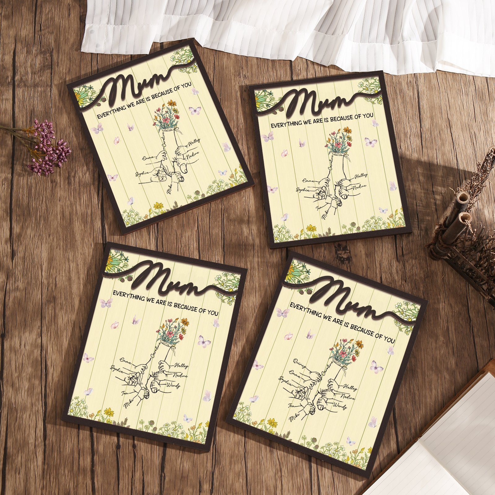 Personalised 4 Names Wooden Plaque Holding Mum's Hand Desktop Decoration With Stand - EVERYTHING WE ARE IS BECAUSE OF YOU-Jessemade AU