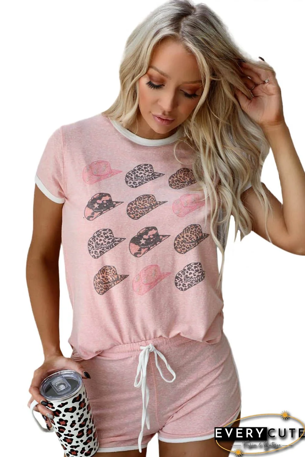 Pink Leopard Hat Print Short Sleeve T Shirt and Drawstring Shorts Loungewear
