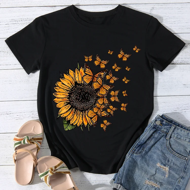 Butterfly Among Sunflowers Casual Round Neck T-Shirt -BSTC1329