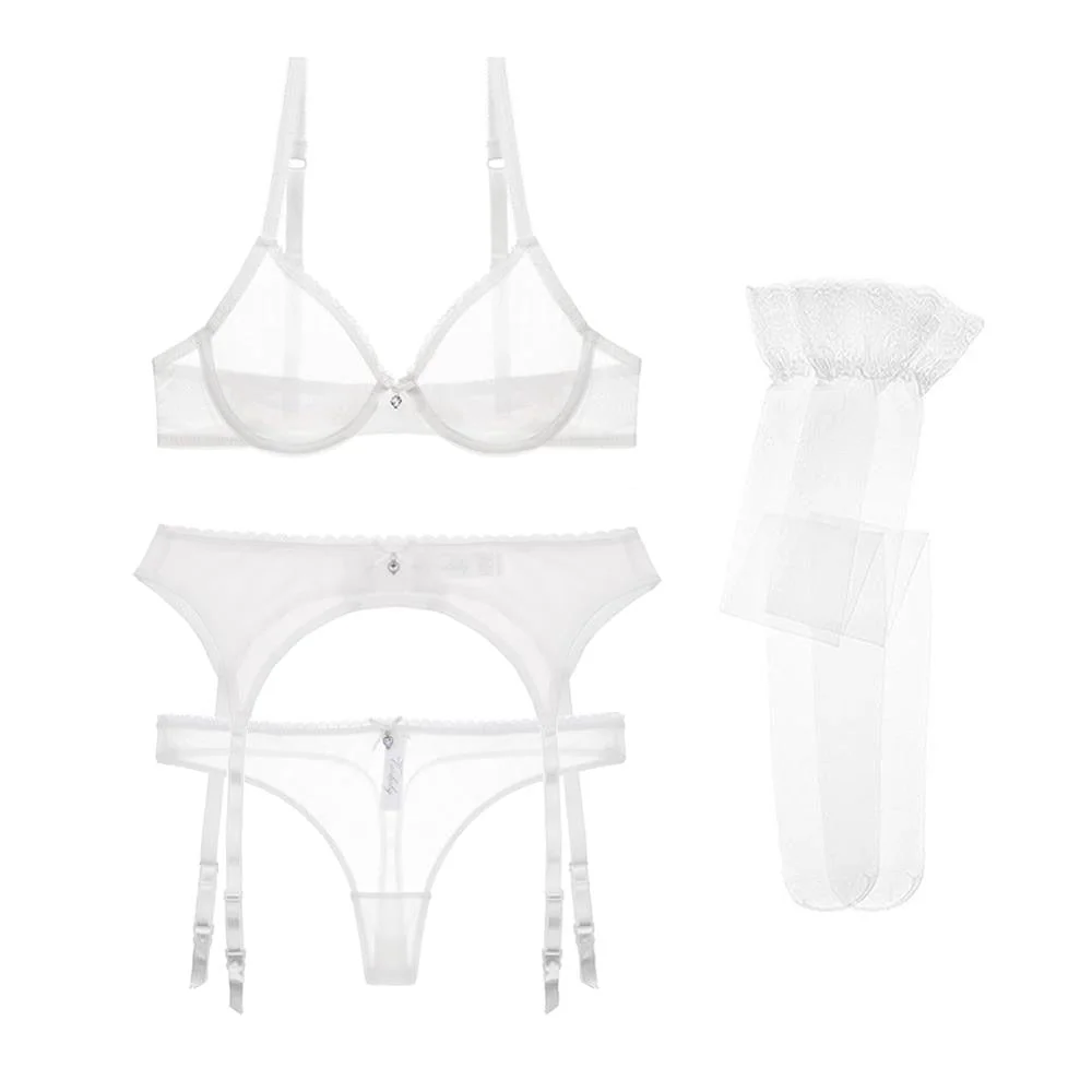 Varsbaby sexy ultra-thin transparent yarn lingerie set bras+garters+thongs+stockings 4 pcs for young women