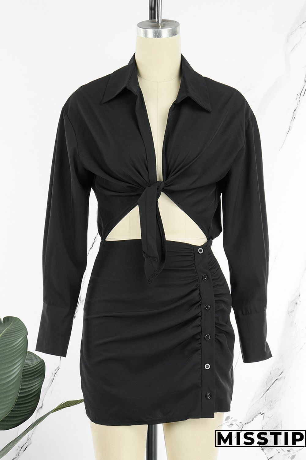Black Casual Solid Patchwork Turndown Collar Shirt Dress Dresses
